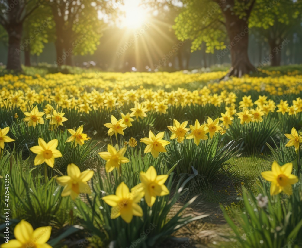 Obraz premium Sunlit daffodils burst forth in vibrant yellow, a lush green meadow backdrop , macro, spring