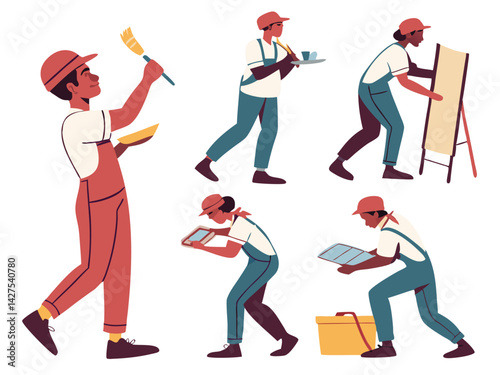 Diverse Workers in Overalls: Vector Illustration Set
