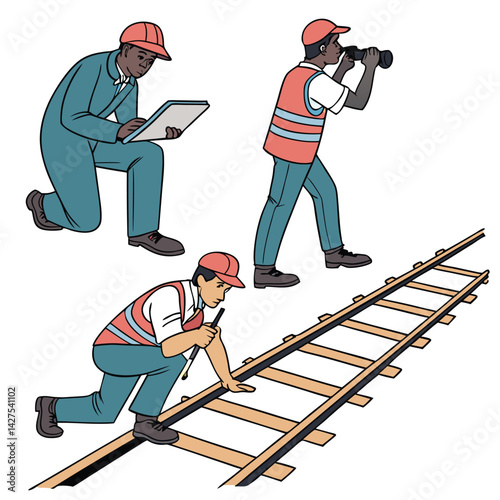 Railway Workers Inspecting Tracks: Illustration of Safety and Survey
