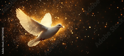 Spirit of god background banner panorama greeting card, religious symbol - White dove of peace with wings wide open in gold shiny glitter sky air with sunbeams