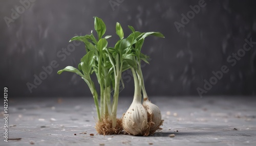Tiny garlic sprout pushing through its papery husk, vibrant green ,  garlic,  sharp