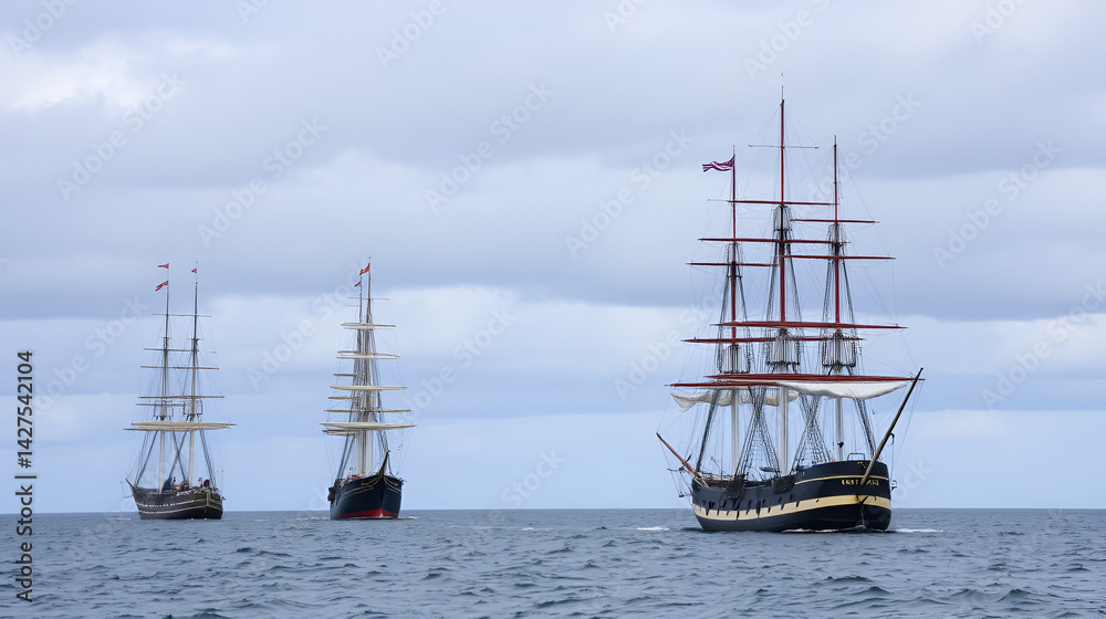 Fototapeta premium Three historic sailing ships at sea under a cloudy sky.