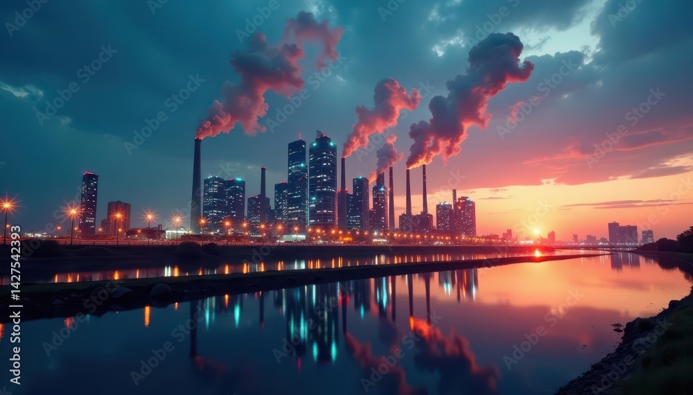 Fototapeta premium Factory skyline, data streams, economic indicators, growth, data