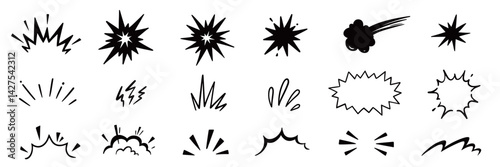 Speed effect comic motion line element set. Comic power motion, dynamite explosive energy, line speed cartoon vector icon. Hand drawn sketch doodle action effect. Vector illustration