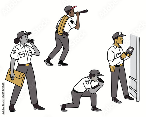 Security Personnel: Diverse Team in Action, Vector Illustration Style