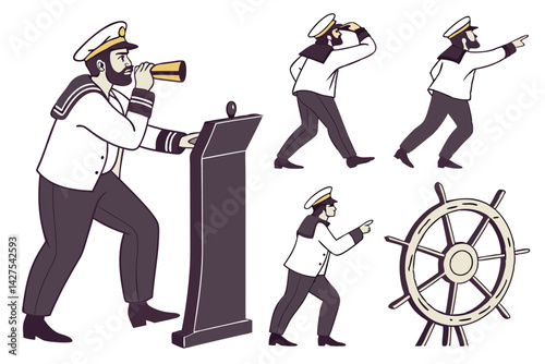 Sailor Illustrations: Captain with Telescope, Steering Wheel, and More