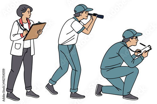 People Observing and Recording Data: Illustration of Professionals