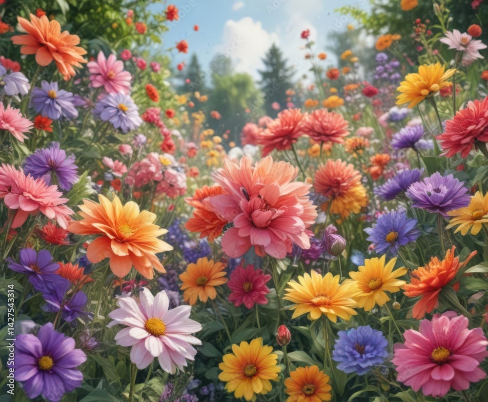 Fototapeta premium Vibrant watercolor blooms, summer garden explosion, floral illustration, illustration, art