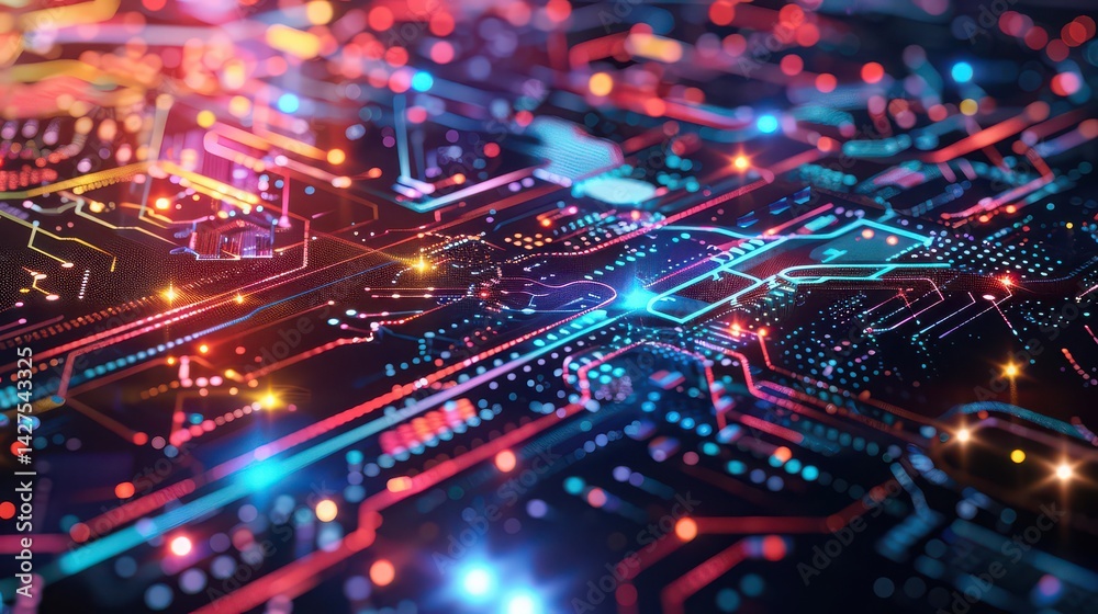 A close up of a complex circuit board with glowing lights and intricate pathways visible in detail A close up of a complex circuit board with glowing lights and intricate pathways visible in detail