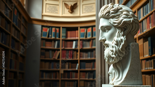 ancient philosophy integration, ancient greek stoic marble statue on right side, library backdrop symbolizing wisdom, space for text on left side
