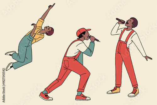 Illustration: Black Singer Performing in Various Poses, Retro Style