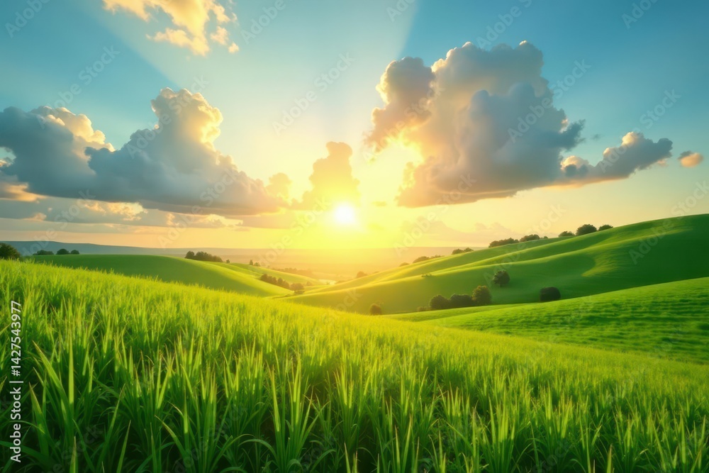 Golden hour light bathes lush green meadow, wispy clouds , space, green Golden hour light bathes lush green meadow, wispy clouds , space, green