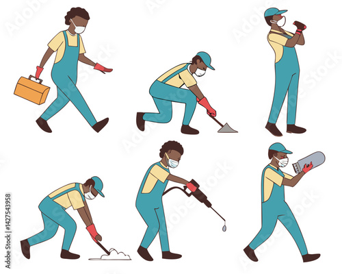 Black Construction Worker Illustrations: Various Poses, Protective Gear