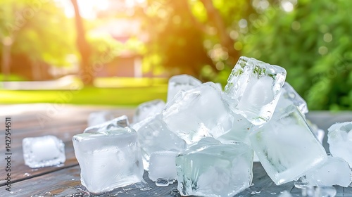 Refreshing ice cubes on a sunlit wooden surface with a lush green background