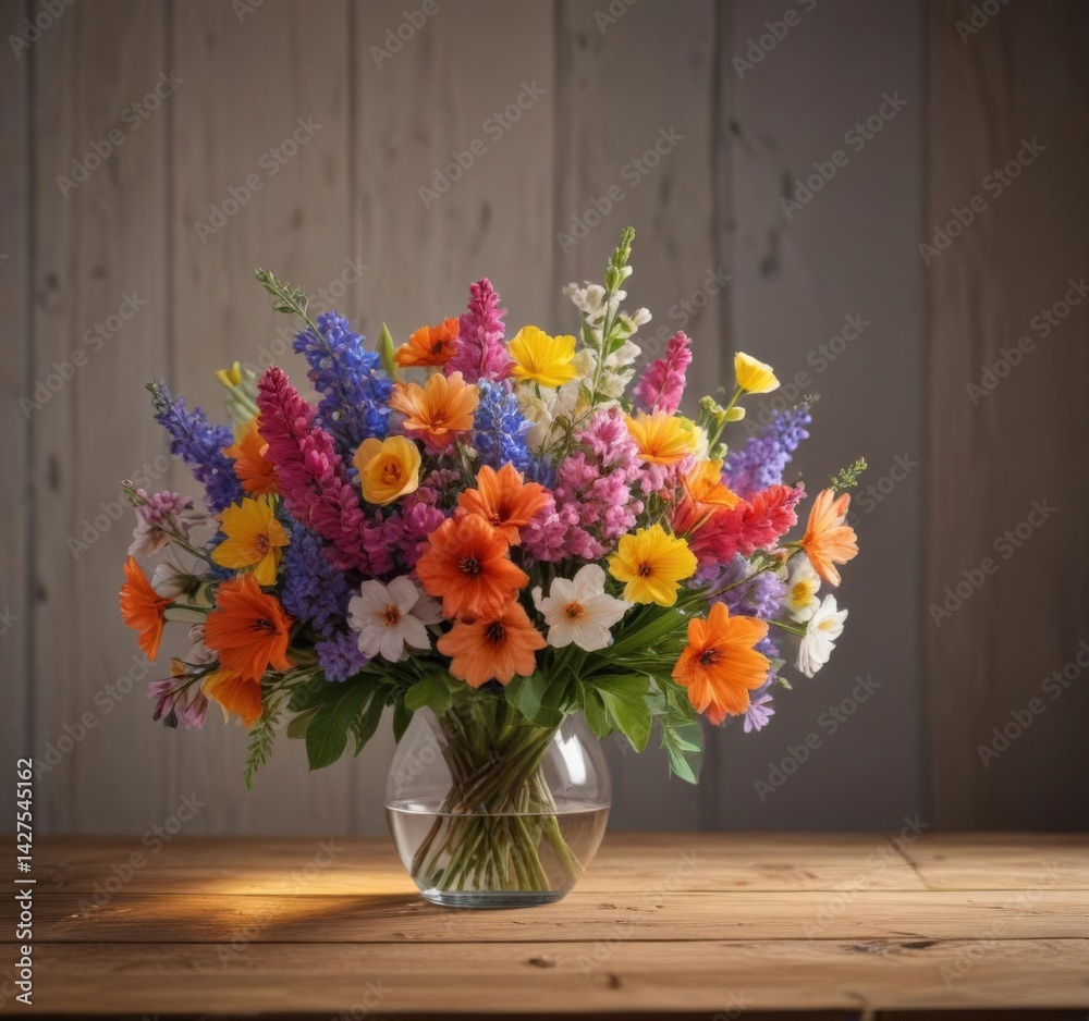 custom made wallpaper toronto digitalVibrant spring bouquet illuminated by soft lamp glow on wooden surface , wooden table, floral design, lamp
