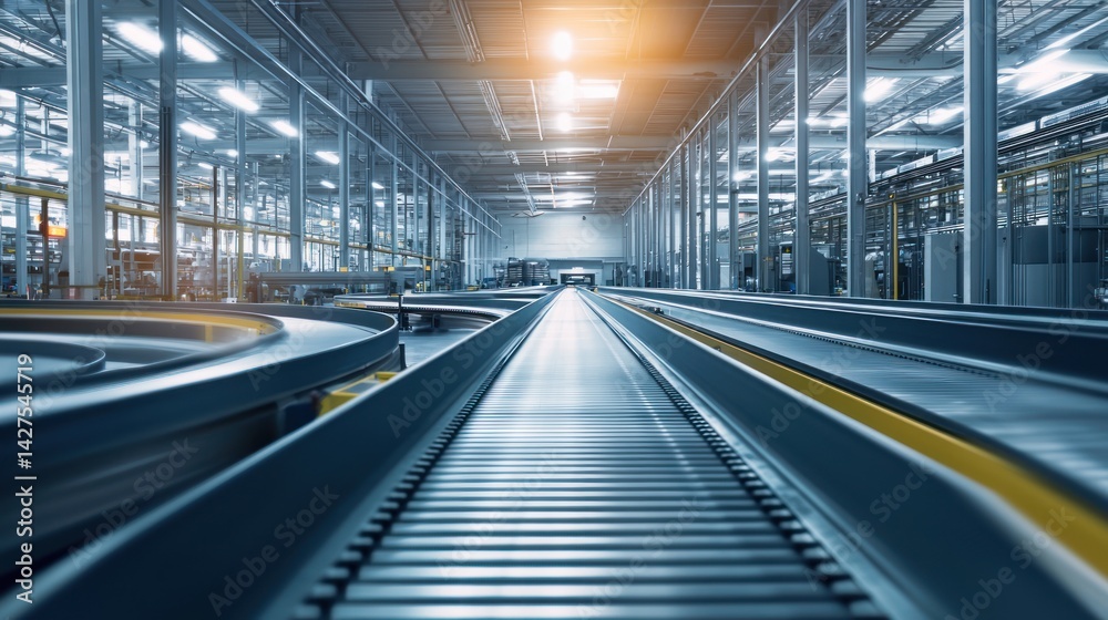 A large industrial factory with long conveyor belts. A large industrial factory with long conveyor belts.