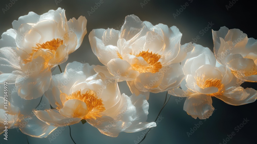 Fototapeta premium A surreal arrangement of translucent peonies, their petals infused with a golden glow, appearing almost weightless against a shadowy, abstract