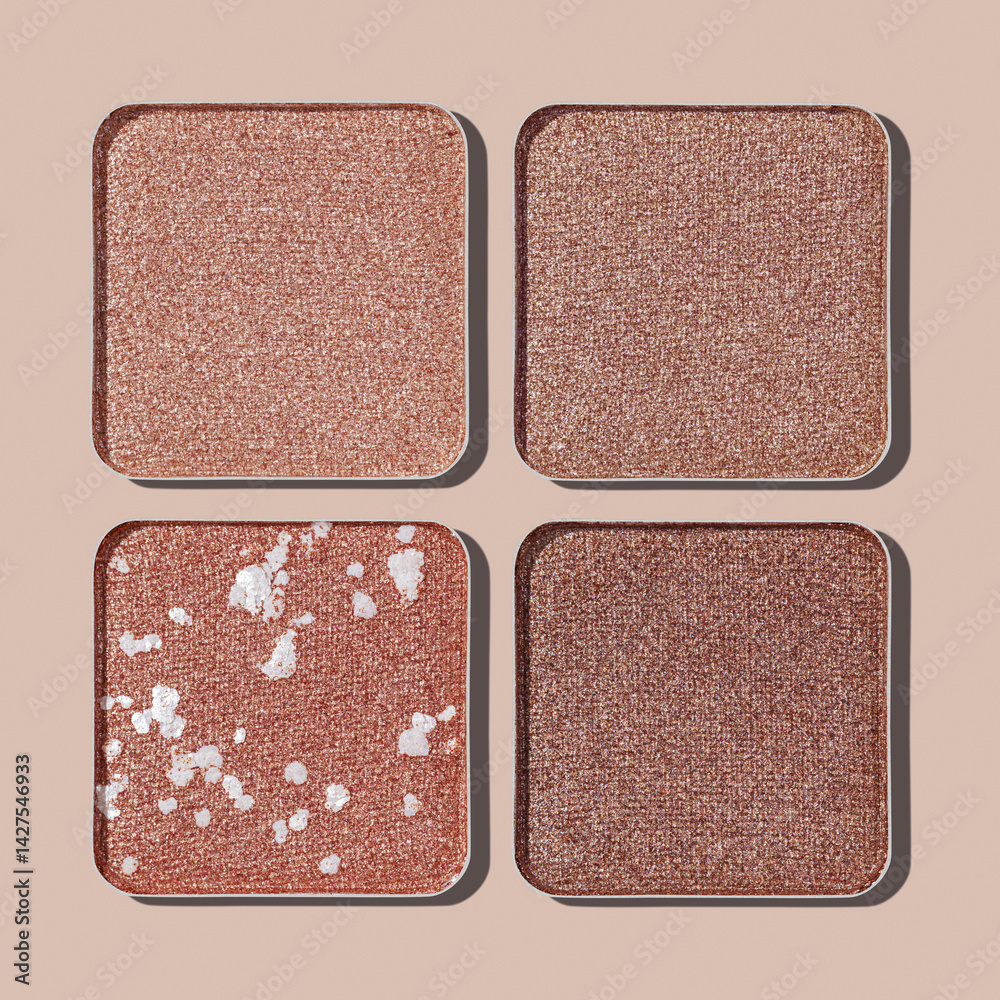 Neutral Eyeshadow Palette with Matte and Shimmer texture, natural colored shades on beige. Set of eyeshadow refills, Top view of four Swatches Eyeshadow makeup for cosmetic, makeup, beauty concept