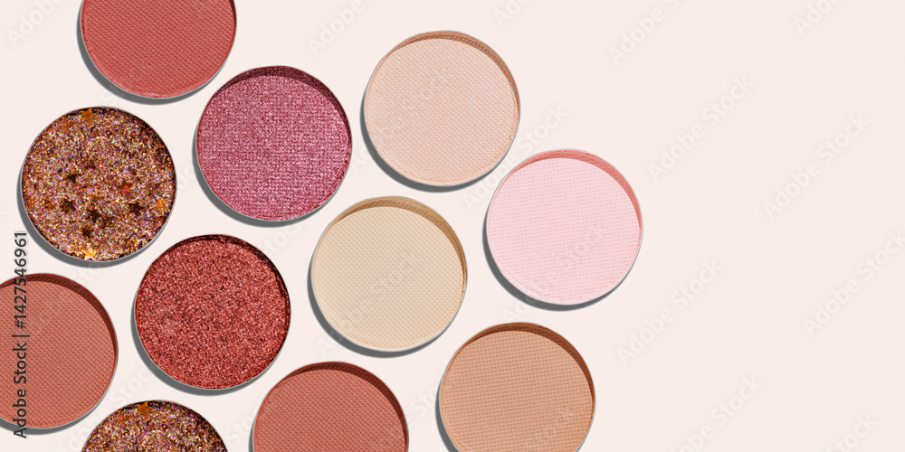 Banner with Cosmetics texture pattern, Warm vivid colored eye shadow makeup palette, round eye powder swatches. Female cosmetic, beauty products, aesthetic beauty photo, colorful eyeshade, top view