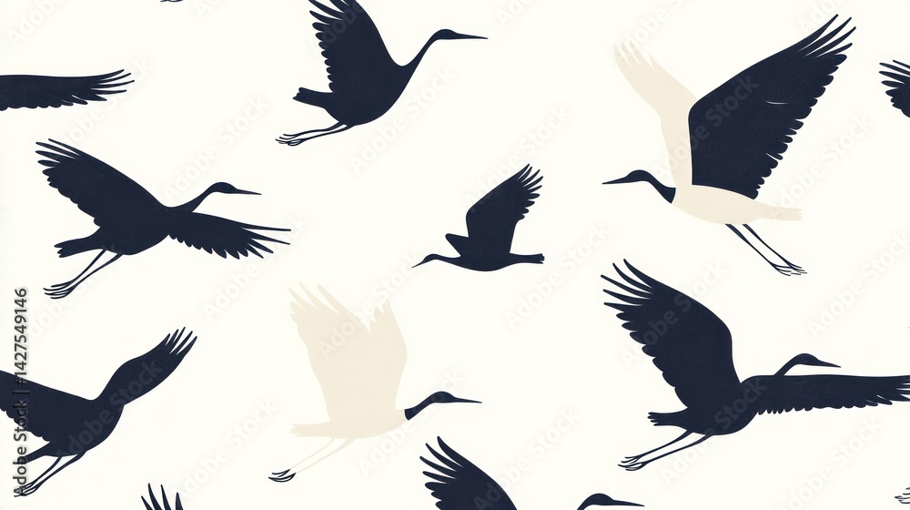 Obraz premium Flying birds pattern, navy and cream silhouettes
