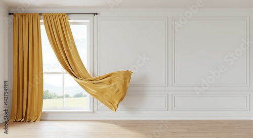 Fototapeta Naklejka Na Ścianę i Meble -  Glass window with luxury curtains of gold silk fabric, hanging on cornice. Realistic interior of empty room with white wall and floor, 3d render. Flowing satin cloth, glossy material in blowing wind