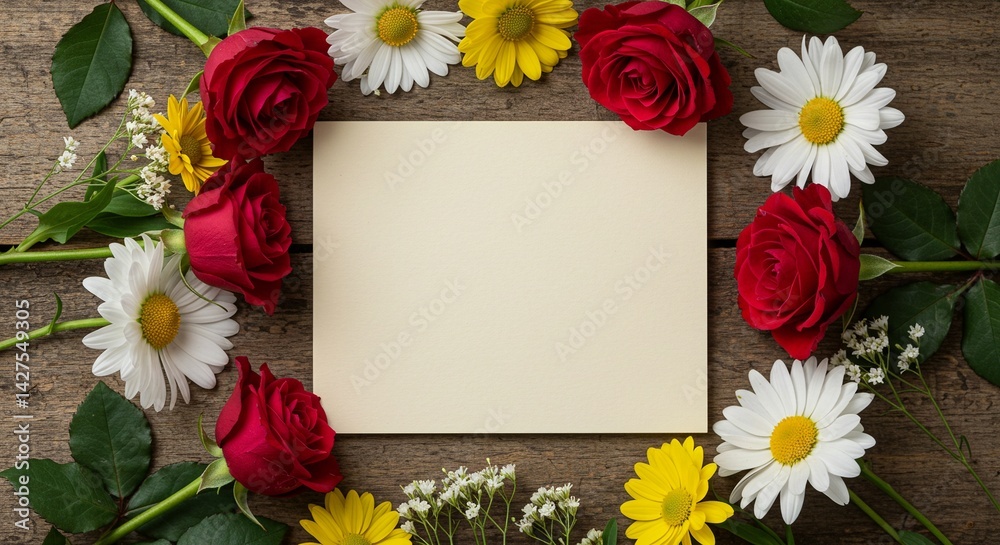 Floral Greeting: Roses and daisies create a delicate border around a blank card on a wooden surface. Floral Greeting: Roses and daisies create a delicate border around a blank card on a wooden surface.