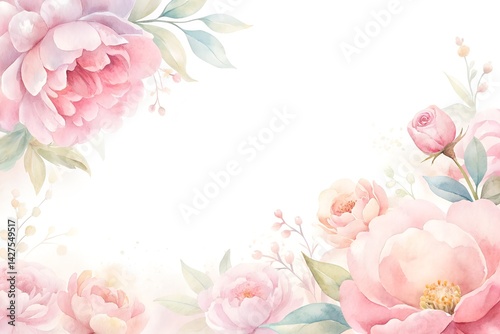 Watercolor Floral Border with Peonies – Greeting or Invitation Card for Weddings  and Summer Celebrations

