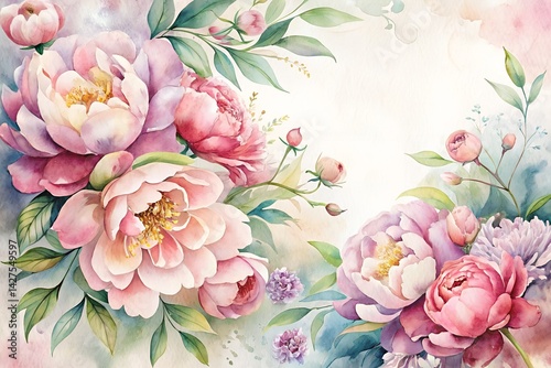 Watercolor Floral Border with Peonies – Greeting or Invitation Card for Weddings  and Summer Celebrations

