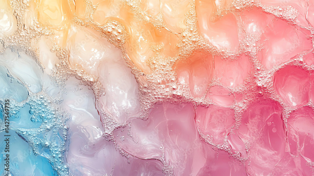 Fototapeta premium Elegant liquid pink, beige, and blue translucent glass background with a shiny, transparent texture. Perfect for modern, creative, and luxury designs. Smooth, glossy, and dreamy