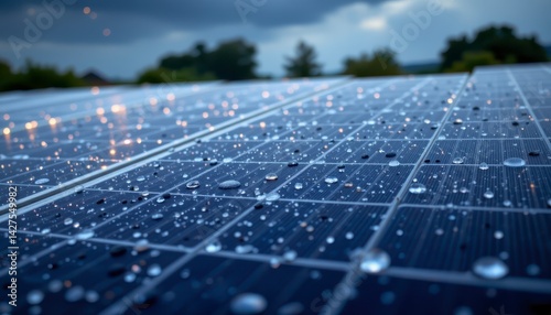 Close-up View of Solar Panels with Water Droplets After Rain Under Cloudy Sky for Renewable Energy Concept