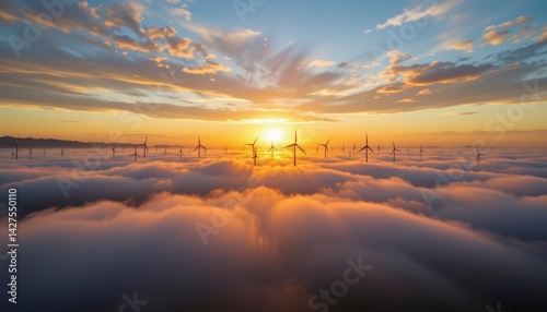 Majestic Sunrise Over Wind Turbines Amidst Dreamy Clouds and Vibrant Sky Colors
