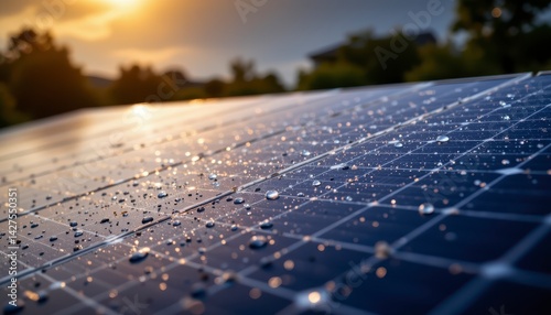 Close-Up of Solar Panels with Water Droplets at Sunset in a Clean Energy Setting