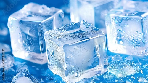 Close up shot of clear ice cubes with water droplets against blue background