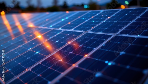 Close-up View of Solar Panels Harnessing Sunlight for Clean Energy Production at Sunset