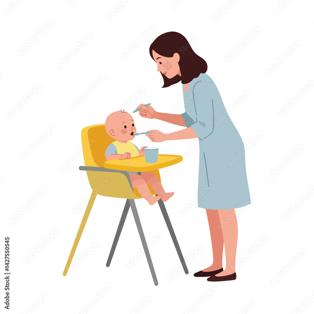 This vibrant and cheerful illustration depicts a mother feeding her baby in a bright yellow high chair. The baby, wearing a light yellow outfit, is happily receiving food from the mother. This vibrant and cheerful illustration depicts a mother feeding her baby in a bright yellow high chair. The baby, wearing a light yellow outfit, is happily receiving food from the mother.