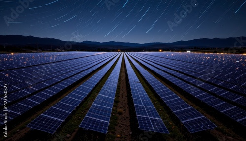 Vast Solar Panel Field Under Starry Sky Showcasing Renewable Energy and Sustainable Technology