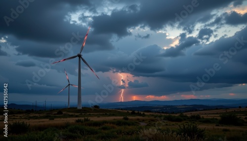 Lightning Strikes Over Wind Turbines in Dramatic Stormy Sky at Dusk with Rolling Hills in the Background