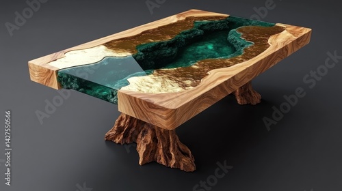 Artistic resin and wood table evoking natural riverine formations, a contemporary design statement