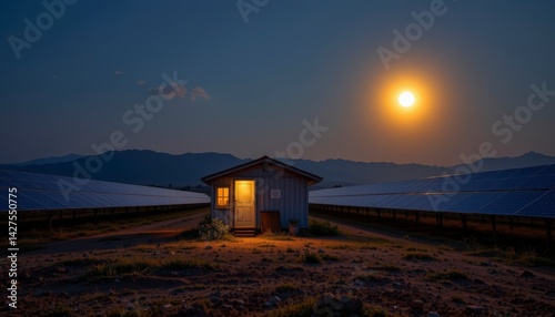 Serene Solar Farm Landscape with Moonlit Cottage and Panels Under Clear Night Sky
