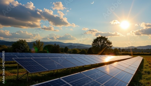 Solar Panels Under Bright Sky with Sunlight and Clouds in a Scenic Outdoor Landscape