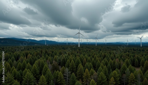 Scenic Aerial View of Wind Turbines Surrounded by Lush Green Forest Under Dramatic Cloudy Sky