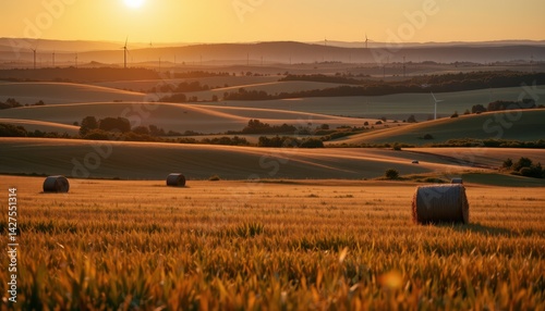 Serene Sunset Over Rolling Hills and Hay Bales in Golden Fields with Wind Turbines in the Background