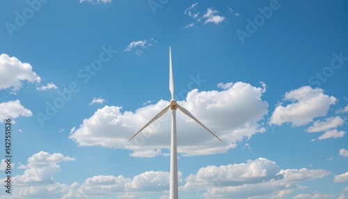 Wind Turbine Under Blue Sky with Fluffy White Clouds and Sunlight Creating a Perfect Renewable Energy Scene