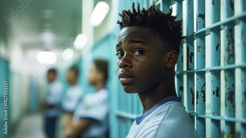 A juvenile detention center with guards and young inmates behind bars