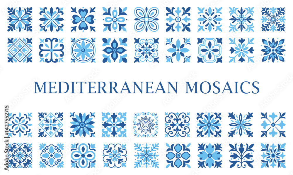 Φωτογραφία Set of decorative blue mediterranean mosaic tiles with floral and geometric patt