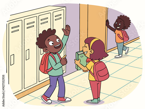 School Hallway Cartoon: Students Greeting Each Other by Lockers, Back to School Illustration, Colorful Vector Artwork for Education