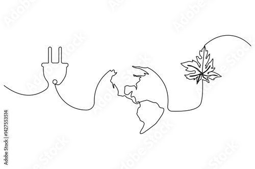 Continuous one line drawing of Earth with electric plug in. Single line drawing illustration of Plug in with earth. Go green energy concept vector art. Doodle line illustration.