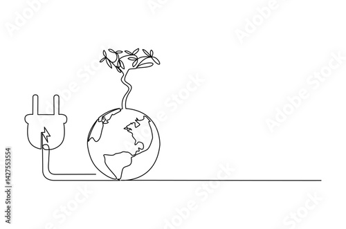 Continuous one line drawing of Earth with electric plug in. Single line drawing illustration of Plug in with earth. Go green energy concept vector art. Doodle line illustration.