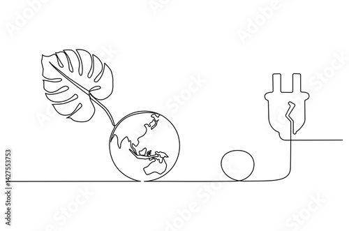 Continuous one line drawing of Earth with electric plug in. Single line drawing illustration of Plug in with earth. Go green energy concept vector art. Doodle line illustration.