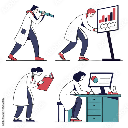 Scientists in Lab Coats: Research, Data Analysis, Observation, and Documentation - Flat Vector Illustration